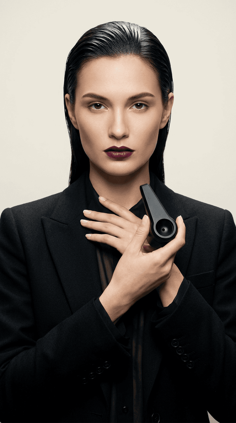 Elegant woman in a black blazer holding the Bowlr Lit pipe, premium lifestyle photography