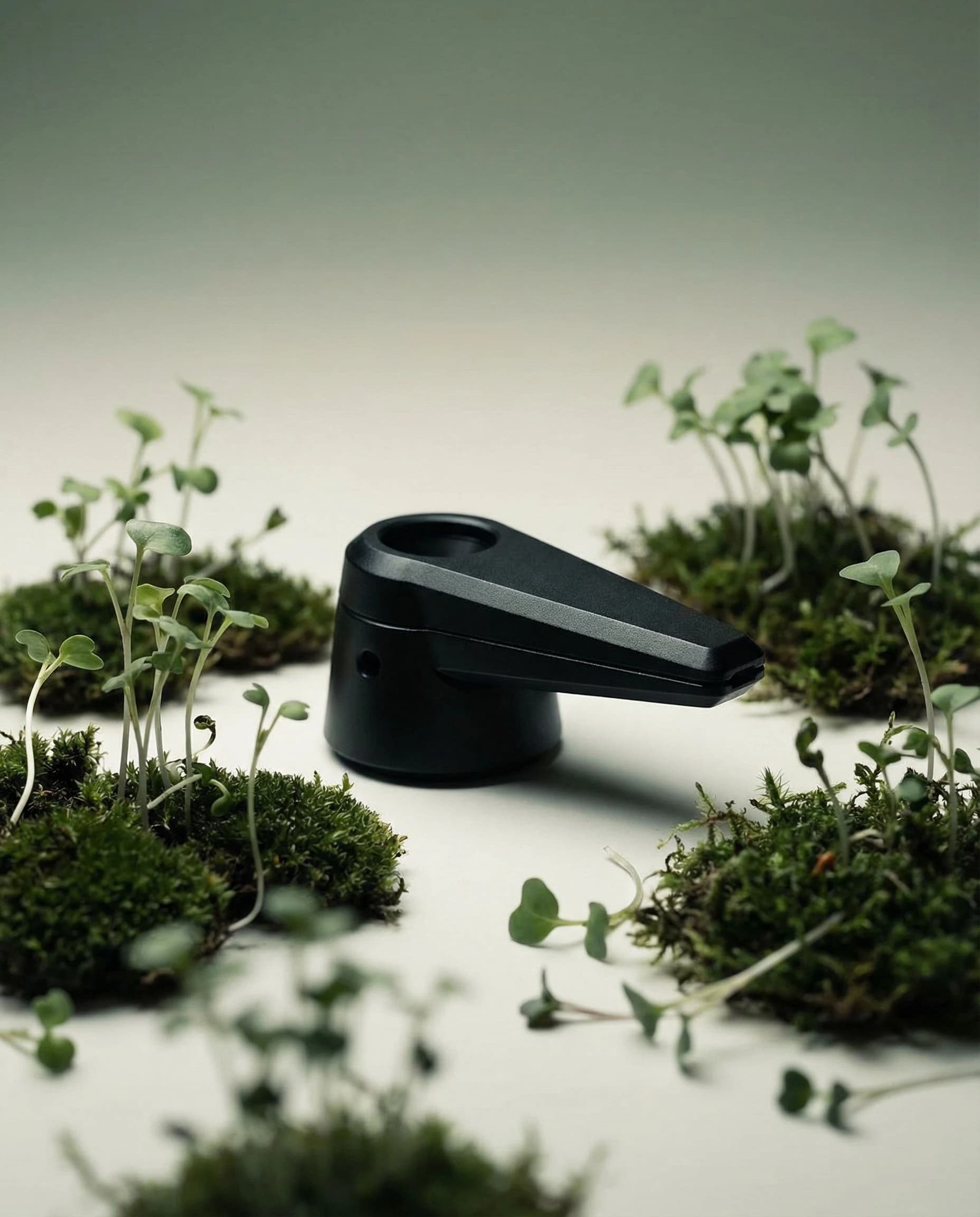 Bowlr Lit smoking pipe nestled in fresh green moss, evoking a clean natural aesthetic