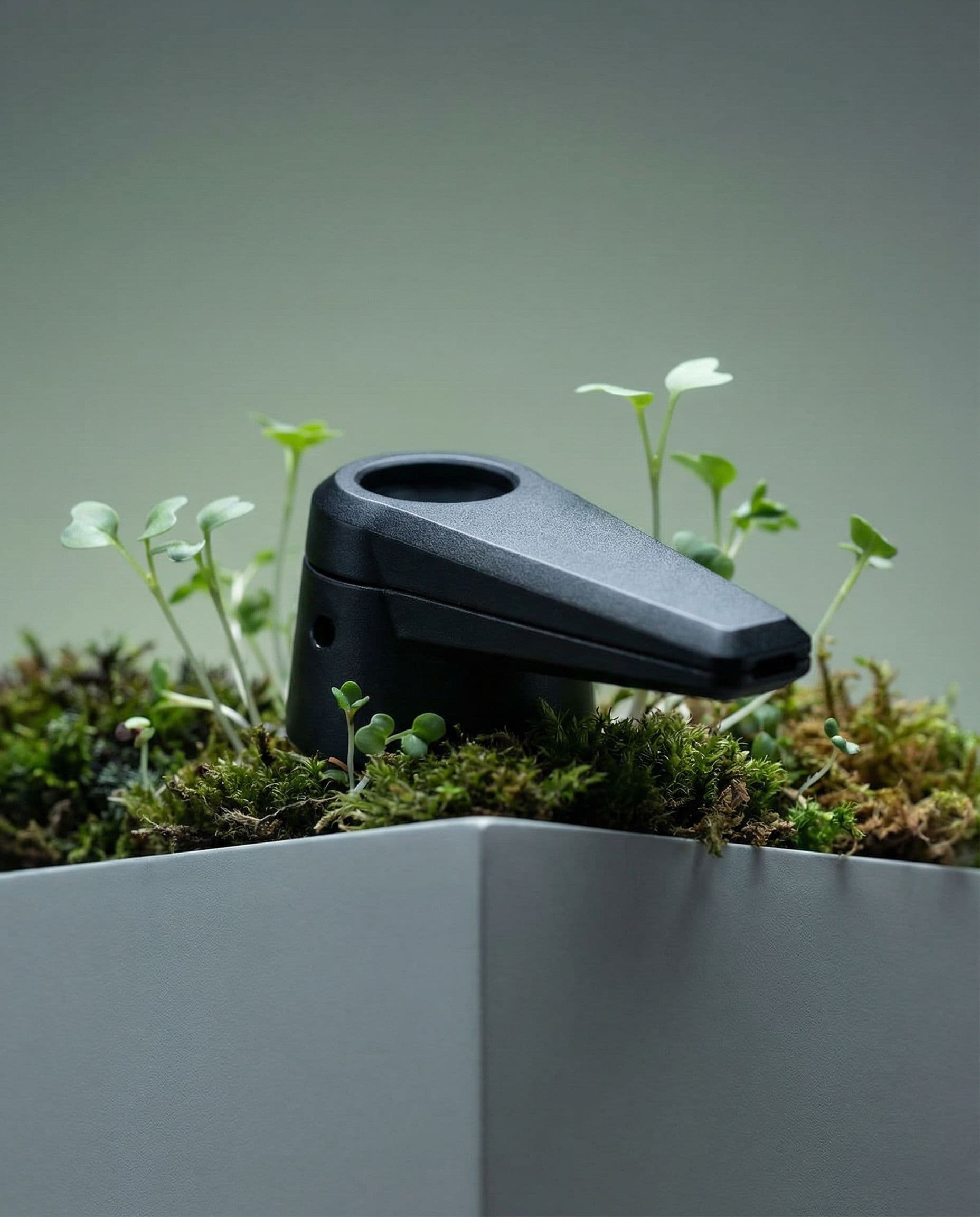 Bowlr Lit precision-machined aluminum pipe displayed on a clean white surface with natural moss accents